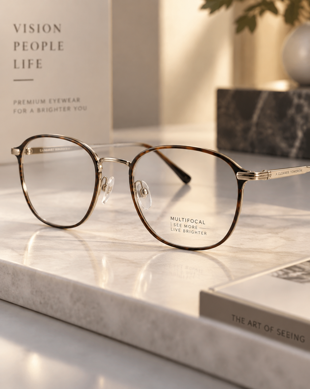 Armação premium com lentes multifocais sobre superfície clara